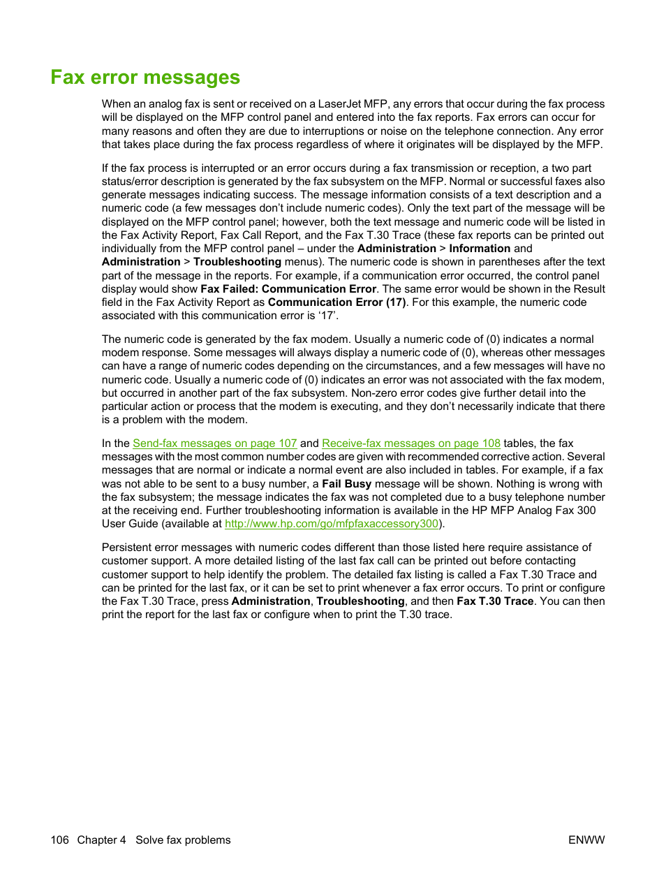 Fax error messages | HP LASERJET 300 User Manual | Page 114 / 148