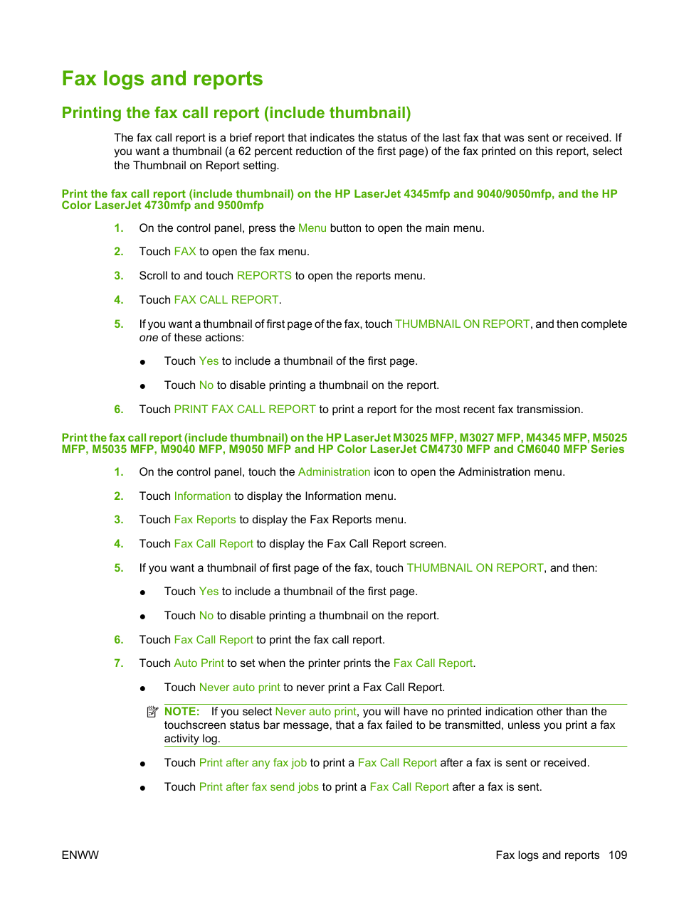 Fax logs and reports, Printing the fax call report (include thumbnail) | HP LASERJET 300 User Manual | Page 117 / 148