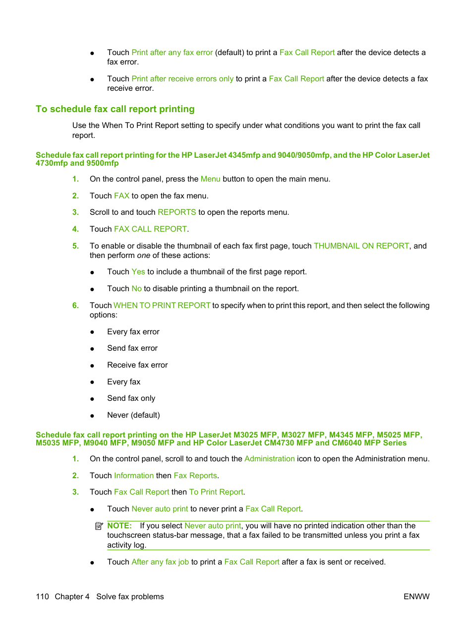 To schedule fax call report printing | HP LASERJET 300 User Manual | Page 118 / 148