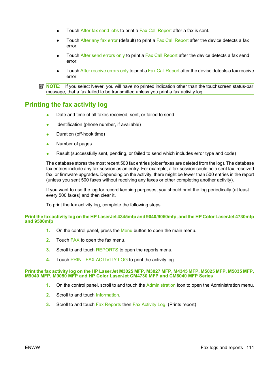 Printing the fax activity log | HP LASERJET 300 User Manual | Page 119 / 148