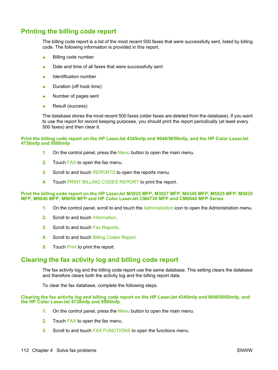 Printing the billing code report | HP LASERJET 300 User Manual | Page 120 / 148