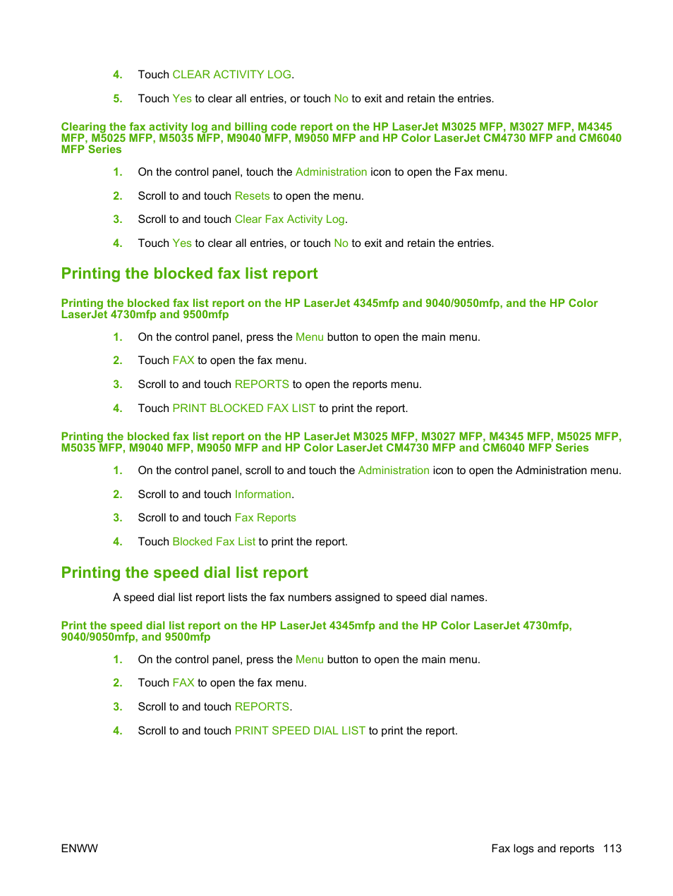 Printing the blocked fax list report, Printing the speed dial list report | HP LASERJET 300 User Manual | Page 121 / 148