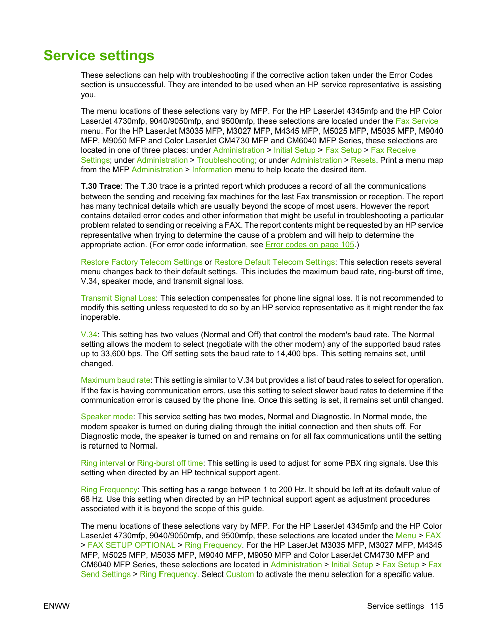 Service settings | HP LASERJET 300 User Manual | Page 123 / 148