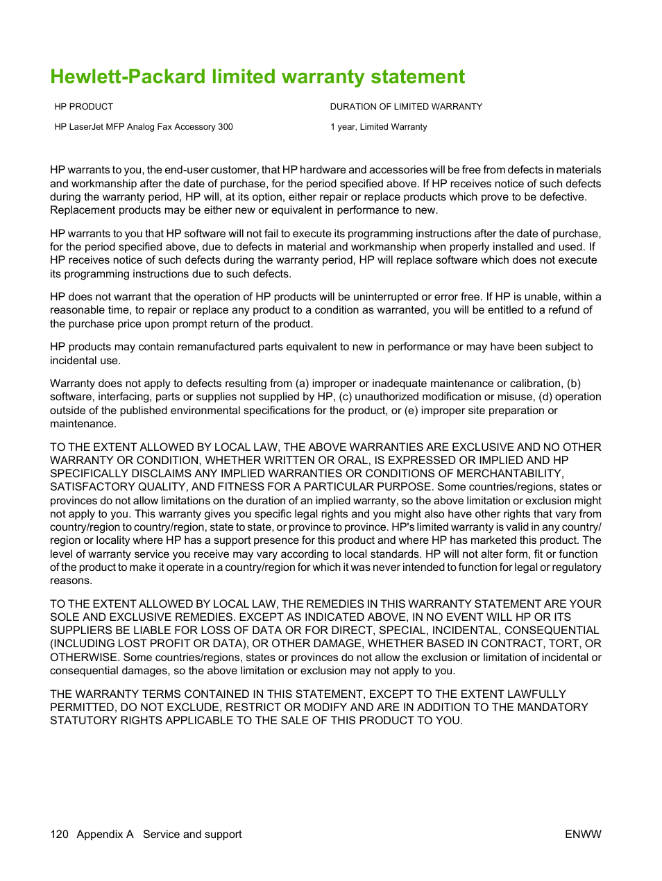 Hewlett-packard limited warranty statement | HP LASERJET 300 User Manual | Page 128 / 148