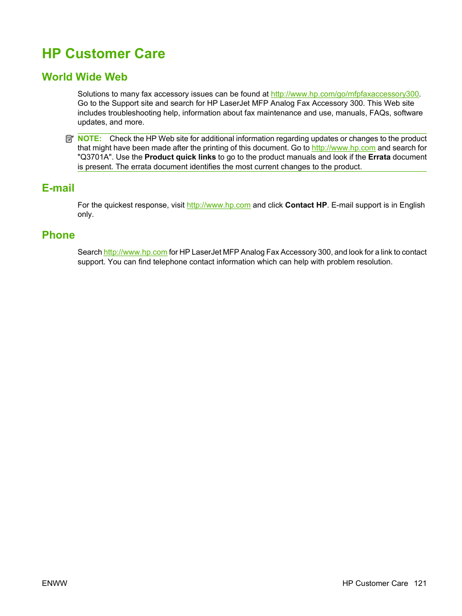 Hp customer care, World wide web, E-mail | Phone, World wide web e-mail phone, Hp customer | HP LASERJET 300 User Manual | Page 129 / 148