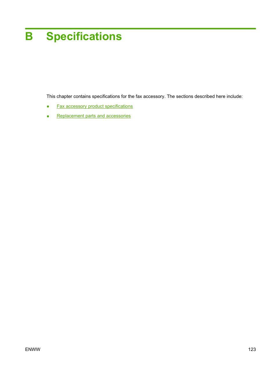 Specifications, Appendix b specifications, Bspecifications | HP LASERJET 300 User Manual | Page 131 / 148