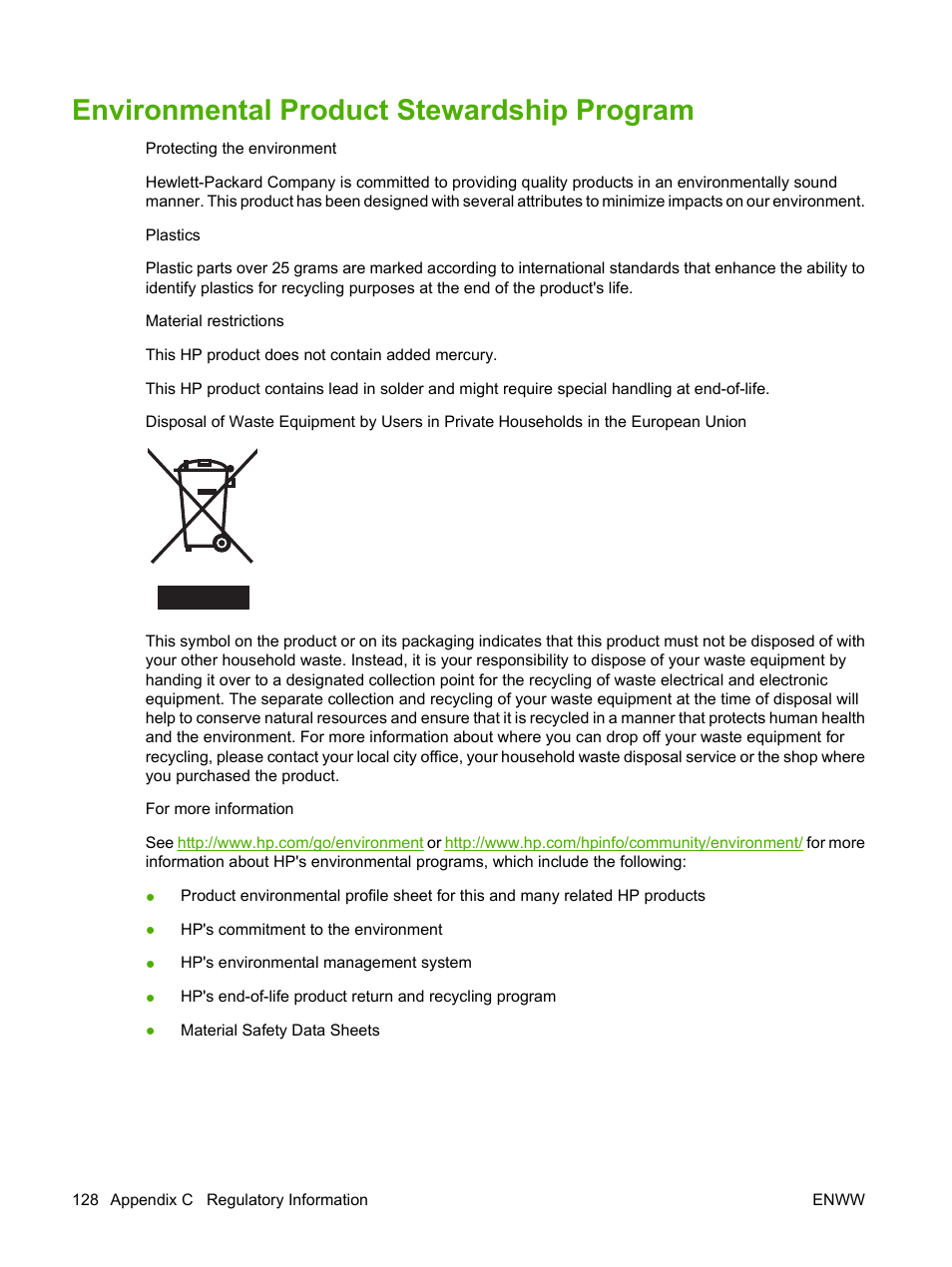 Environmental product stewardship program | HP LASERJET 300 User Manual | Page 136 / 148