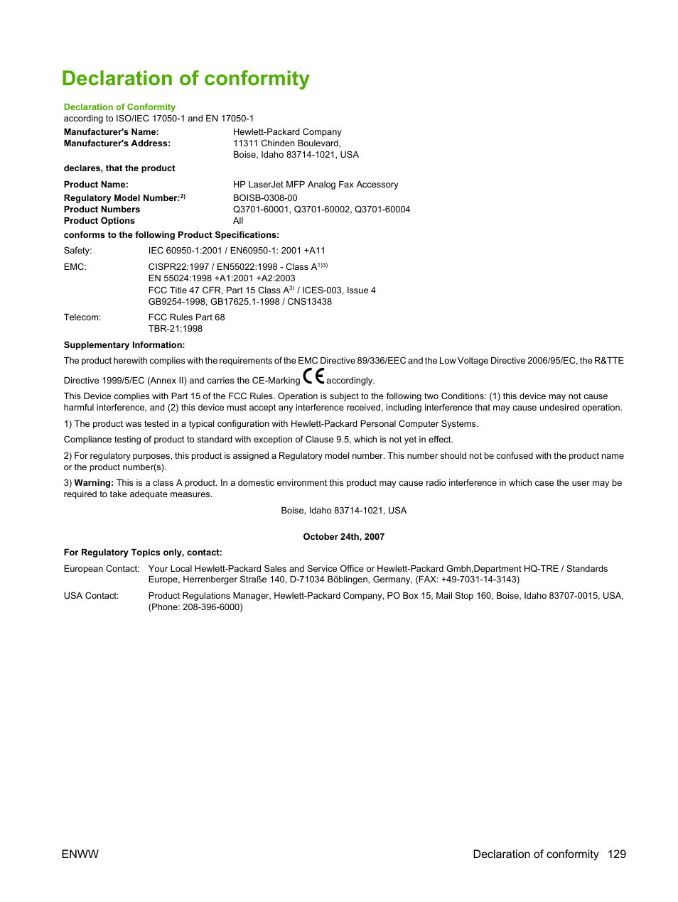 Declaration of conformity, Enww declaration of conformity 129 | HP LASERJET 300 User Manual | Page 137 / 148