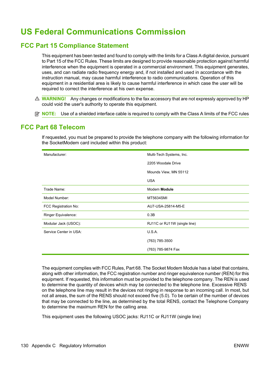 Us federal communications commission, Fcc part 15 compliance statement, Fcc part 68 telecom | HP LASERJET 300 User Manual | Page 138 / 148