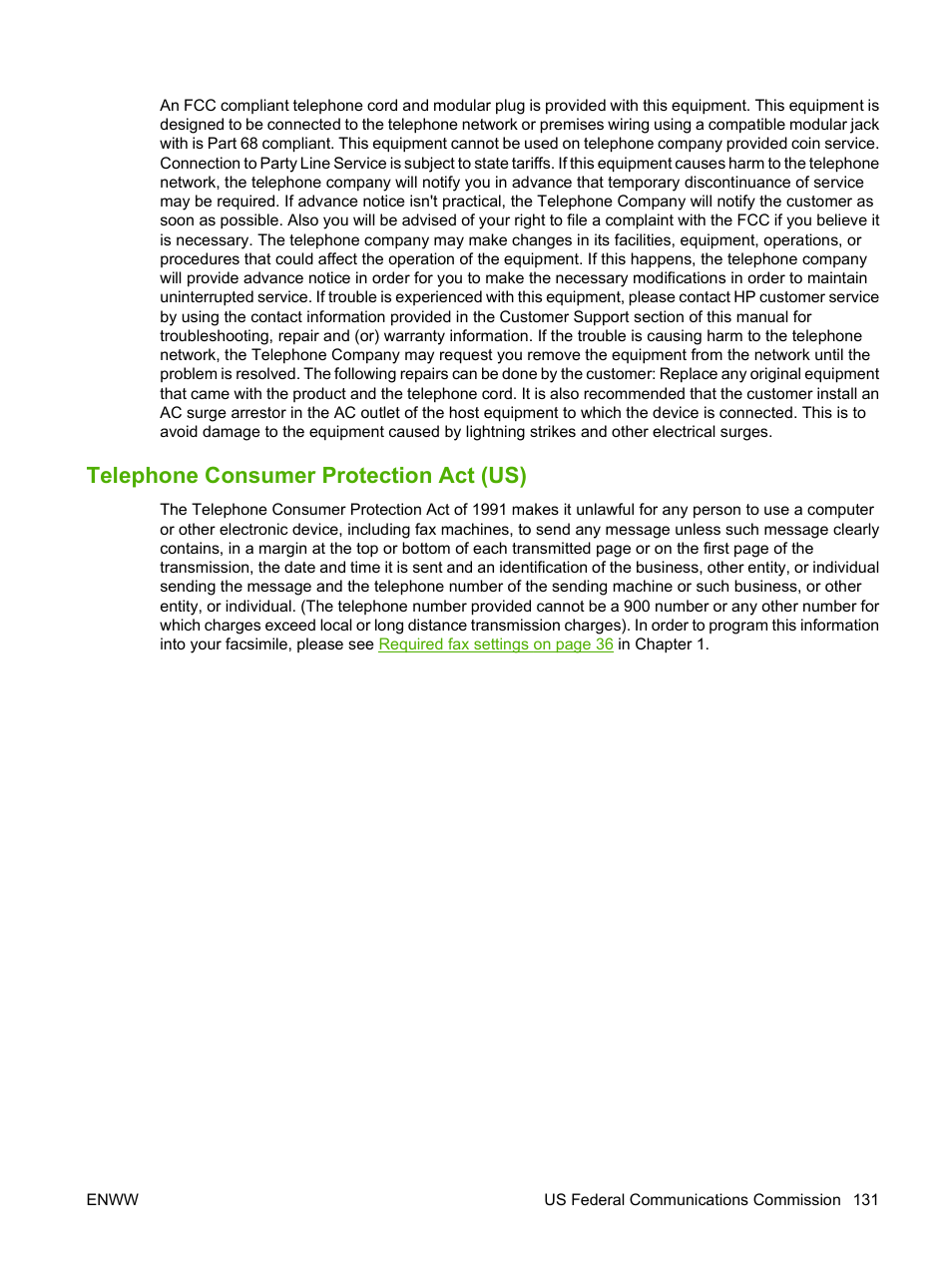 Telephone consumer protection act (us) | HP LASERJET 300 User Manual | Page 139 / 148