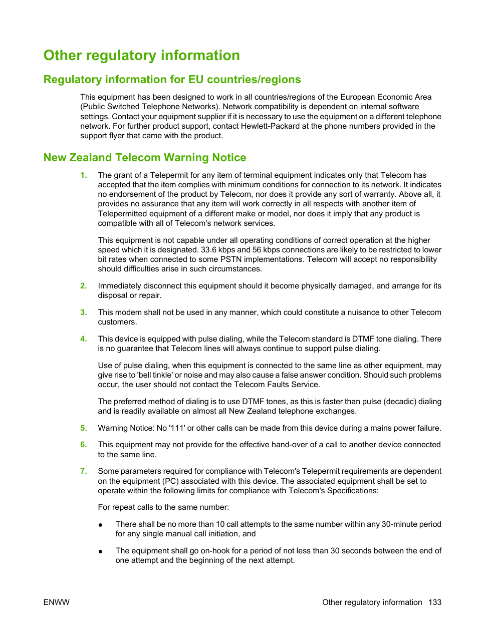 Other regulatory information, Regulatory information for eu countries/regions, New zealand telecom warning notice | HP LASERJET 300 User Manual | Page 141 / 148