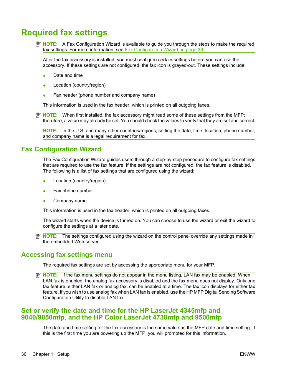 Required fax settings, Fax configuration wizard, Accessing fax settings menu | Required | HP LASERJET 300 User Manual | Page 44 / 148