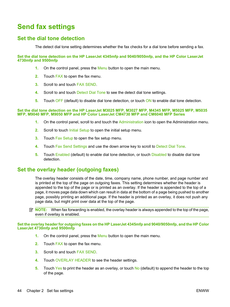 Send fax settings, Set the dial tone detection, Set the overlay header (outgoing faxes) | HP LASERJET 300 User Manual | Page 52 / 148