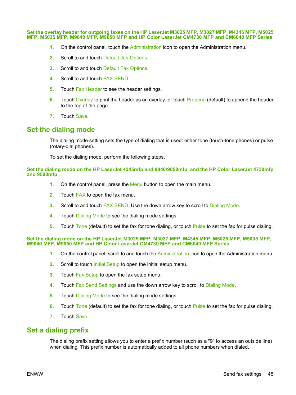 Set the dialing mode, Set a dialing prefix, Set the dialing mode set a dialing prefix | HP LASERJET 300 User Manual | Page 53 / 148