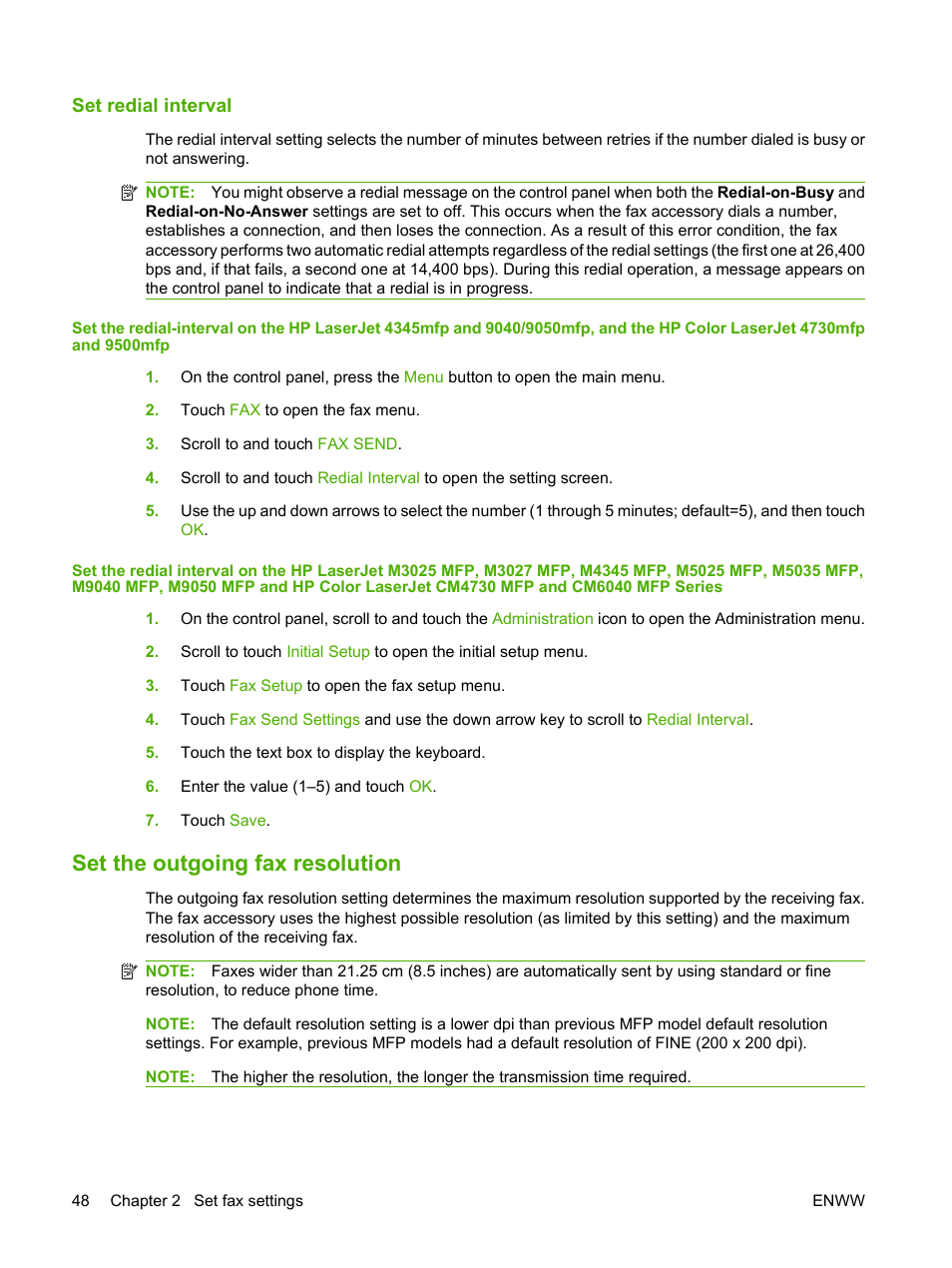 Set redial interval, Set the outgoing fax resolution | HP LASERJET 300 User Manual | Page 56 / 148