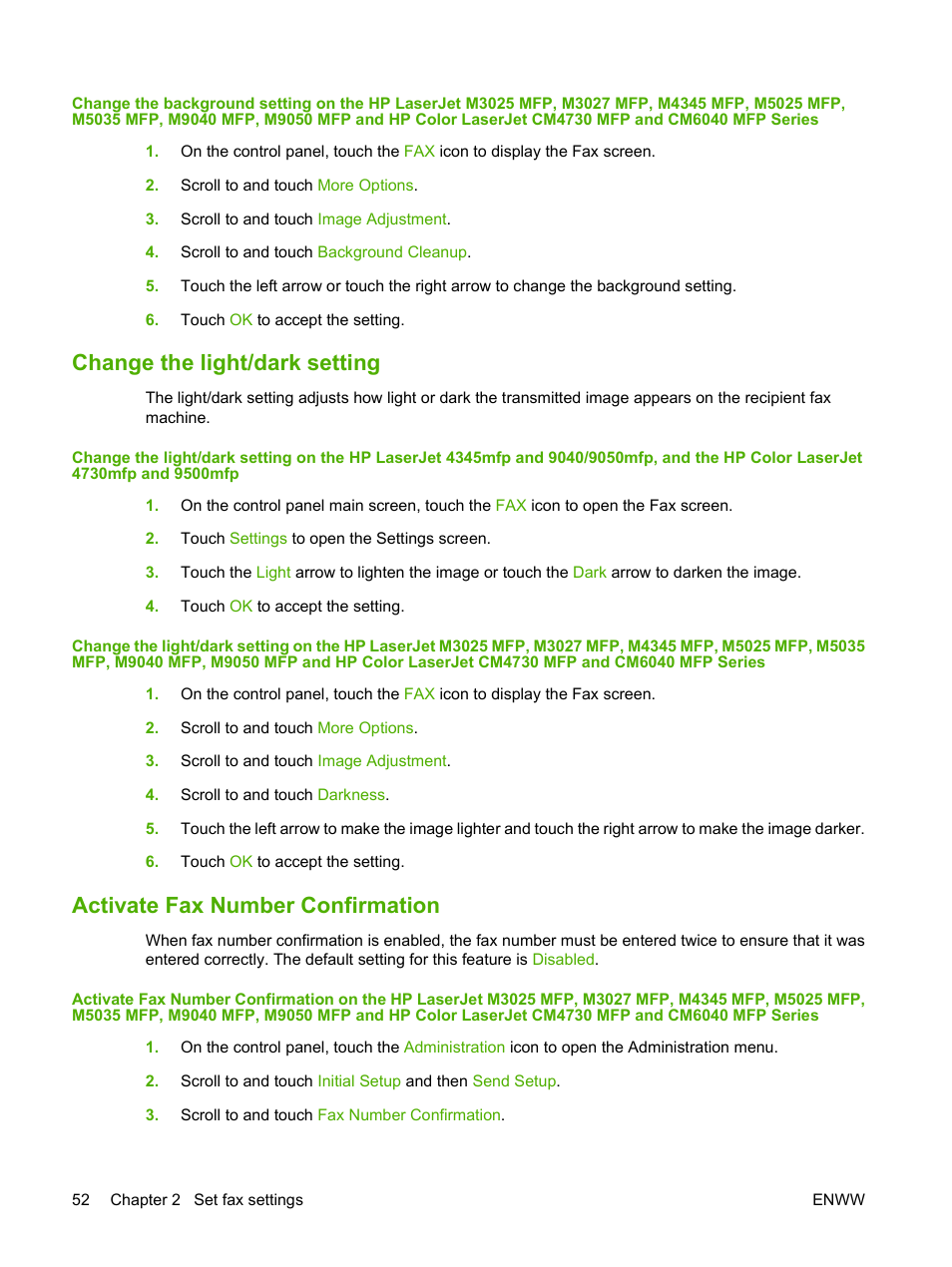 Change the light/dark setting, Activate fax number confirmation | HP LASERJET 300 User Manual | Page 60 / 148