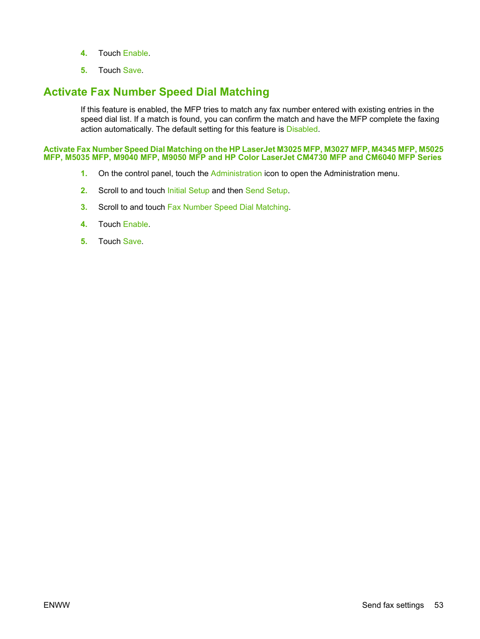 Activate fax number speed dial matching | HP LASERJET 300 User Manual | Page 61 / 148