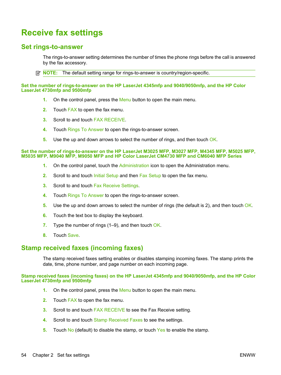 Receive fax settings, Set rings-to-answer, Stamp received faxes (incoming faxes) | HP LASERJET 300 User Manual | Page 62 / 148