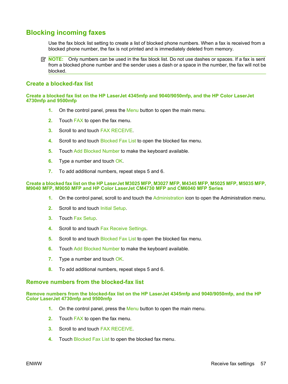 Blocking incoming faxes, Create a blocked-fax list, Remove numbers from the blocked-fax list | HP LASERJET 300 User Manual | Page 65 / 148