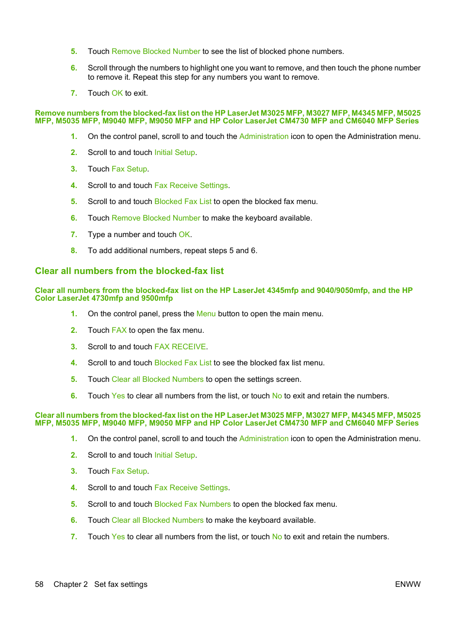 Clear all numbers from the blocked-fax list | HP LASERJET 300 User Manual | Page 66 / 148