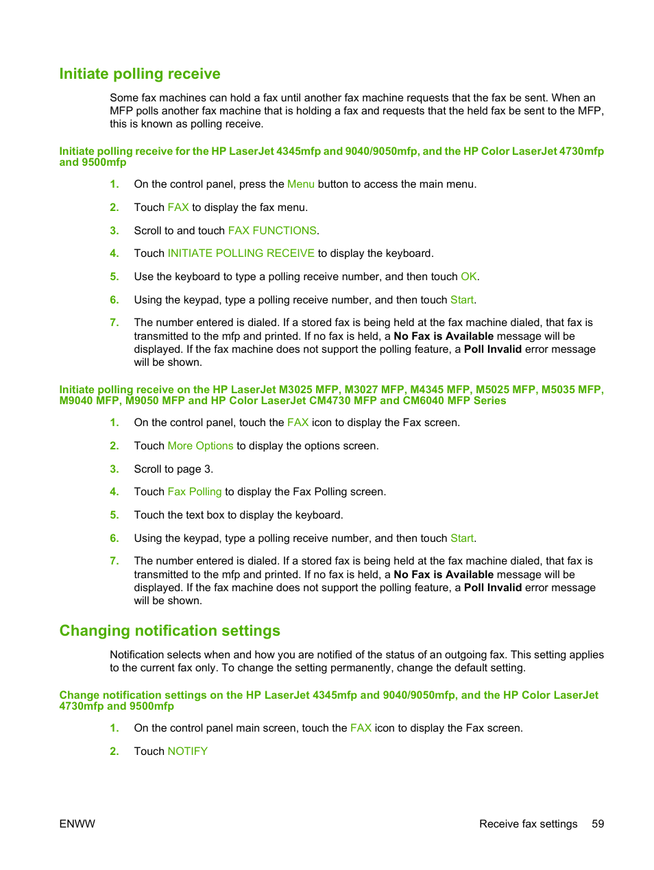 Initiate polling receive, Changing notification settings | HP LASERJET 300 User Manual | Page 67 / 148