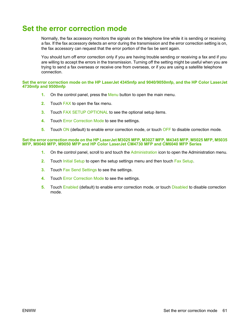 Set the error correction mode | HP LASERJET 300 User Manual | Page 69 / 148