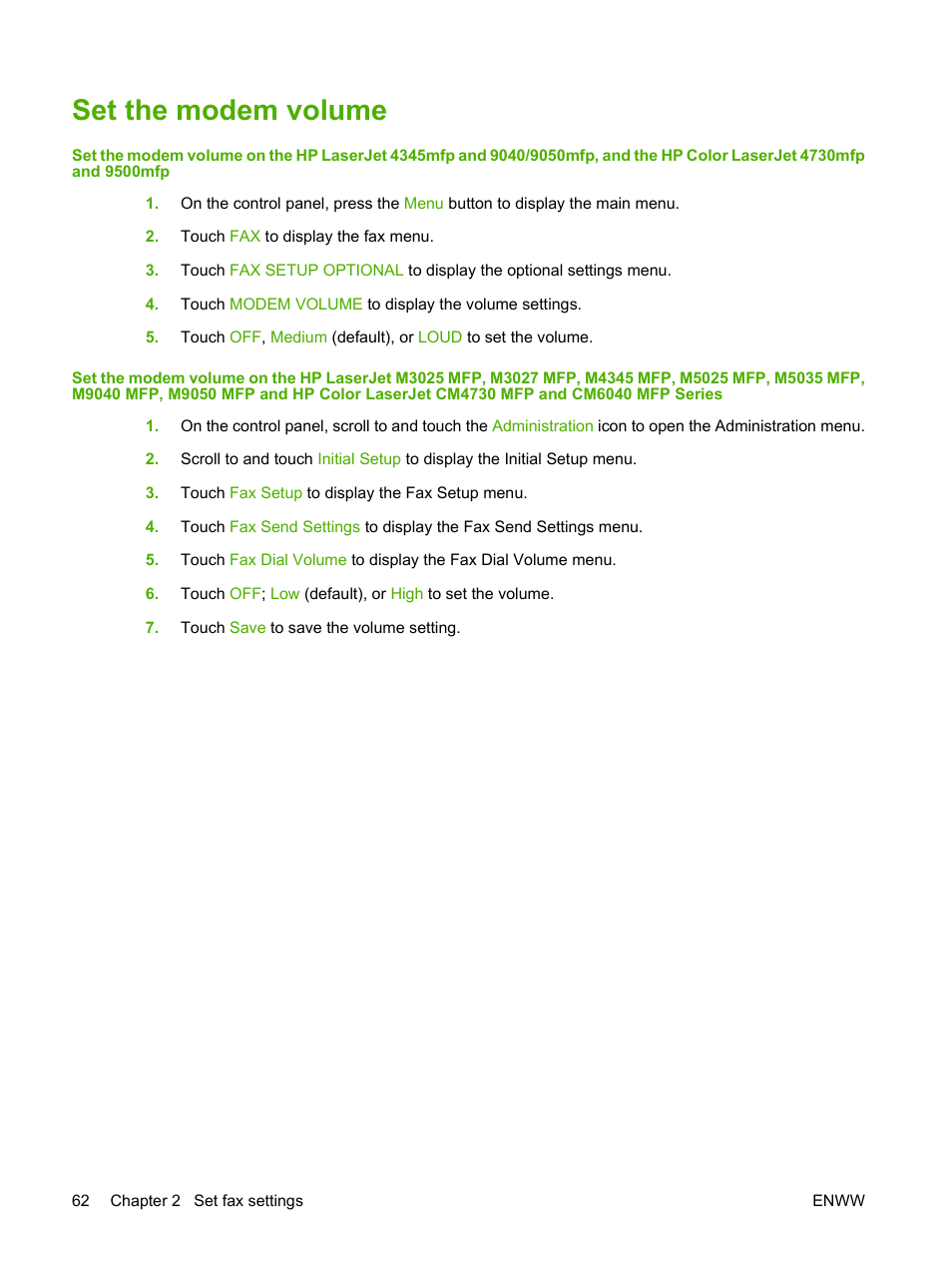 Set the modem volume | HP LASERJET 300 User Manual | Page 70 / 148