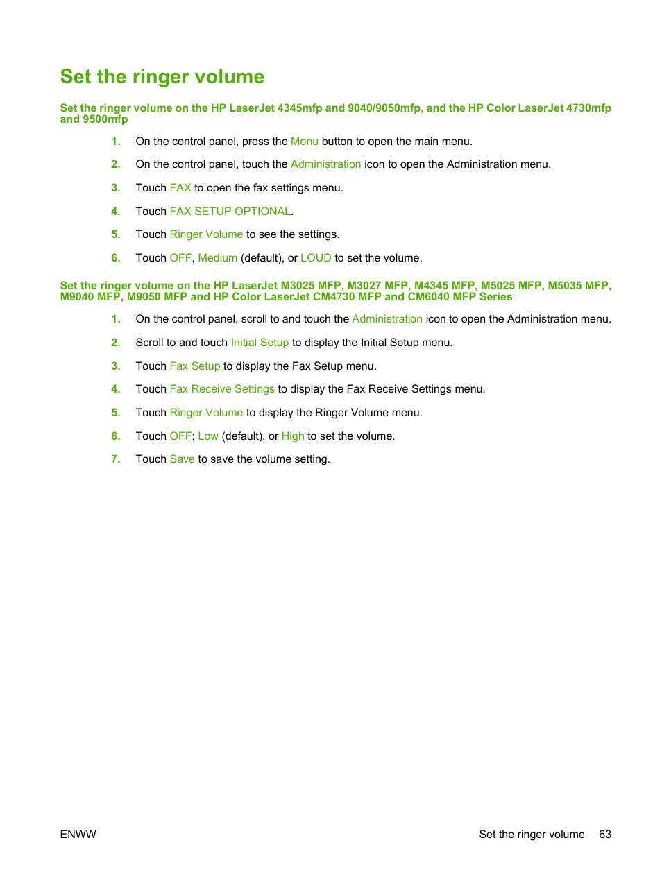 Set the ringer volume | HP LASERJET 300 User Manual | Page 71 / 148