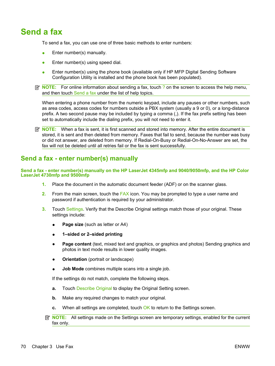 Send a fax, Send a fax - enter number(s) manually | HP LASERJET 300 User Manual | Page 78 / 148