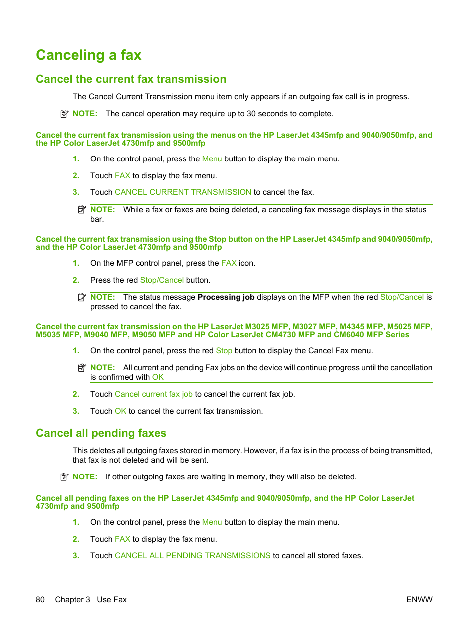 Canceling a fax, Cancel the current fax transmission, Cancel all pending faxes | HP LASERJET 300 User Manual | Page 88 / 148