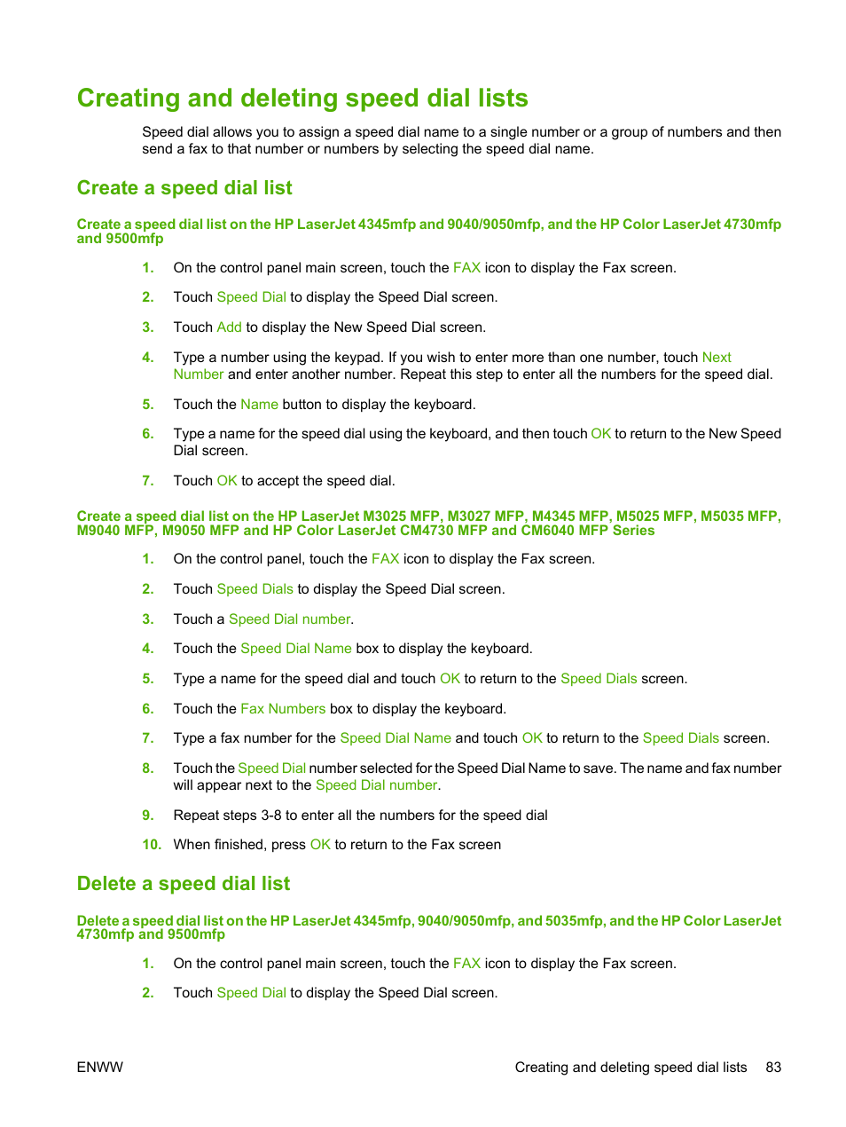 Creating and deleting speed dial lists, Create a speed dial list, Delete a speed dial list | Create a speed dial list delete a speed dial list | HP LASERJET 300 User Manual | Page 91 / 148