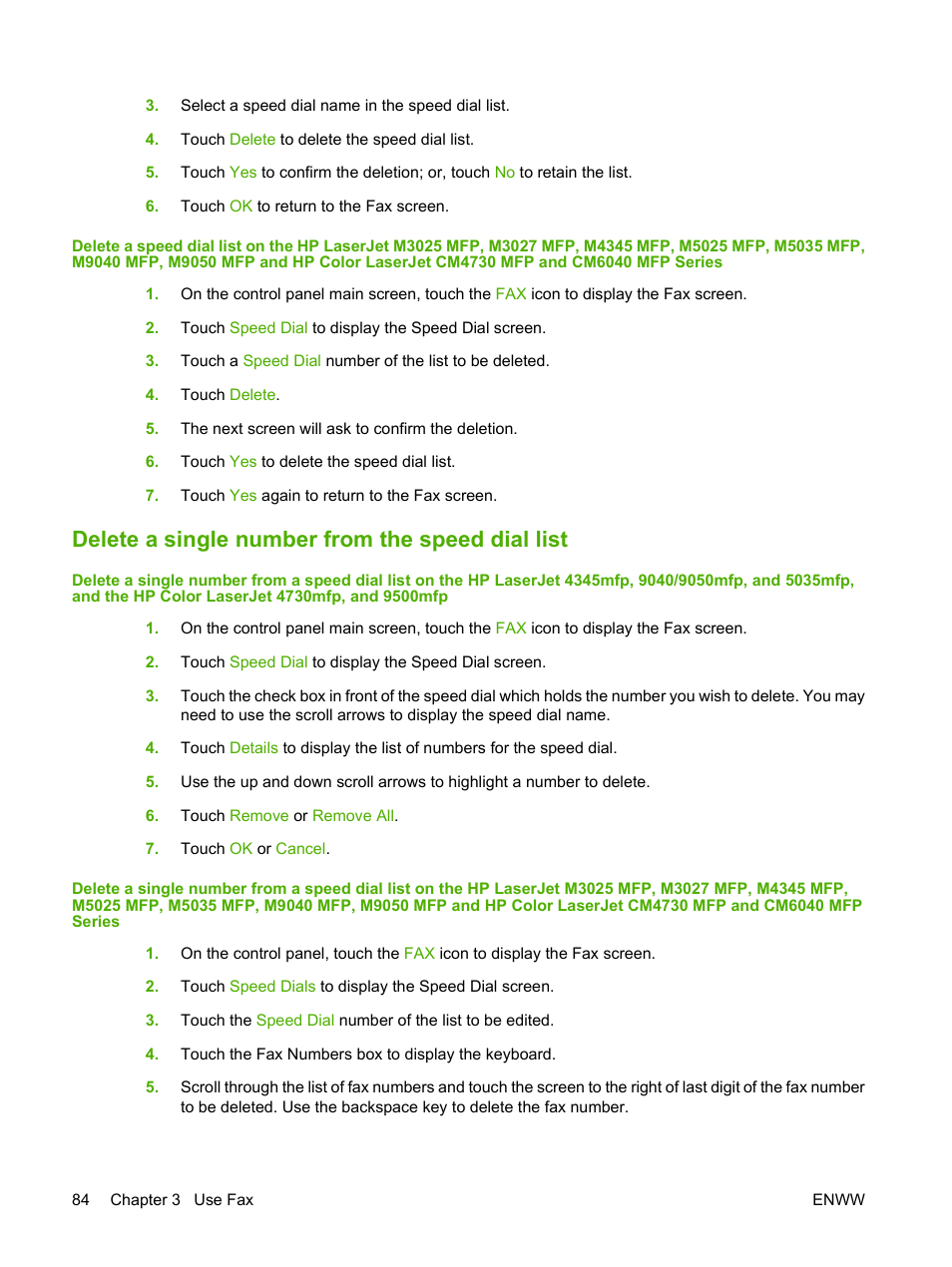 Delete a single number from the speed dial list | HP LASERJET 300 User Manual | Page 92 / 148