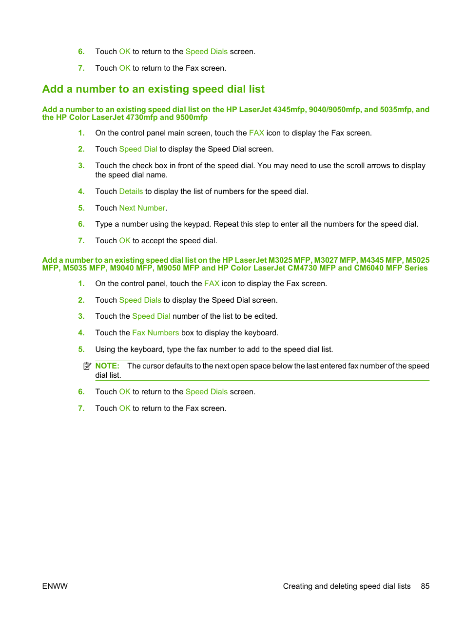 Add a number to an existing speed dial list | HP LASERJET 300 User Manual | Page 93 / 148