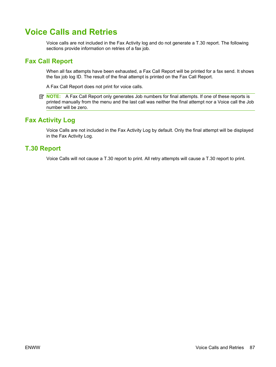 Voice calls and retries, Fax call report, Fax activity log | T.30 report, Fax call report fax activity log t.30 report | HP LASERJET 300 User Manual | Page 95 / 148