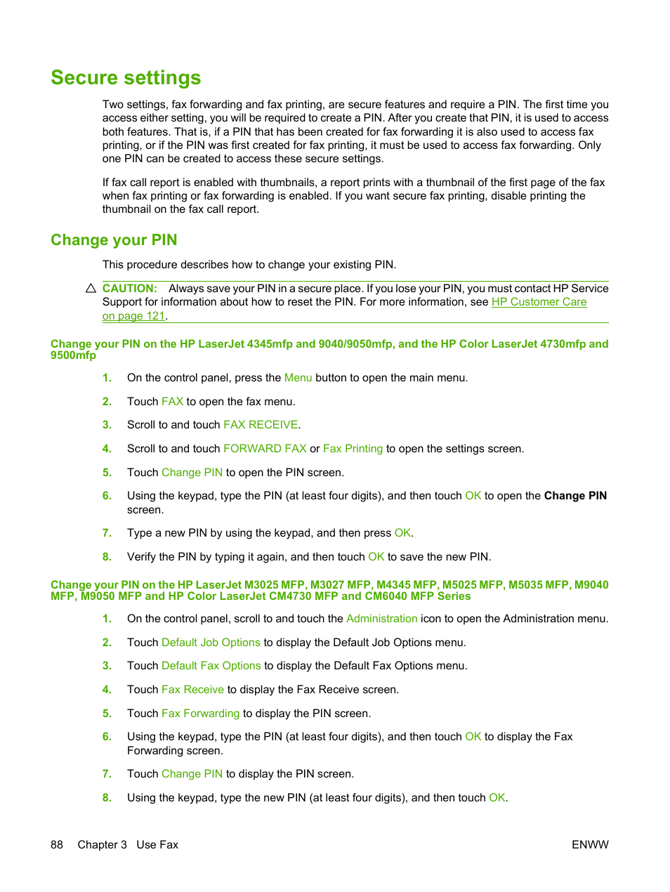 Secure settings, Change your pin | HP LASERJET 300 User Manual | Page 96 / 148
