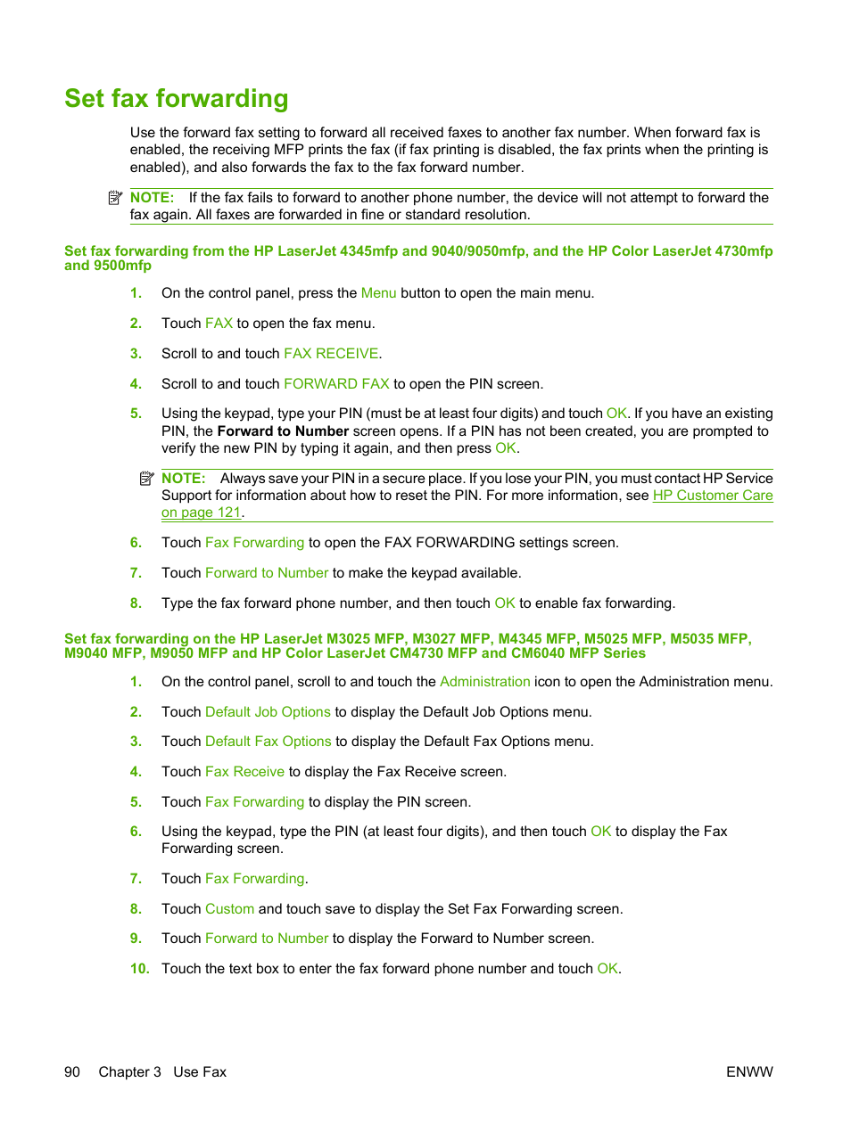 Set fax forwarding | HP LASERJET 300 User Manual | Page 98 / 148