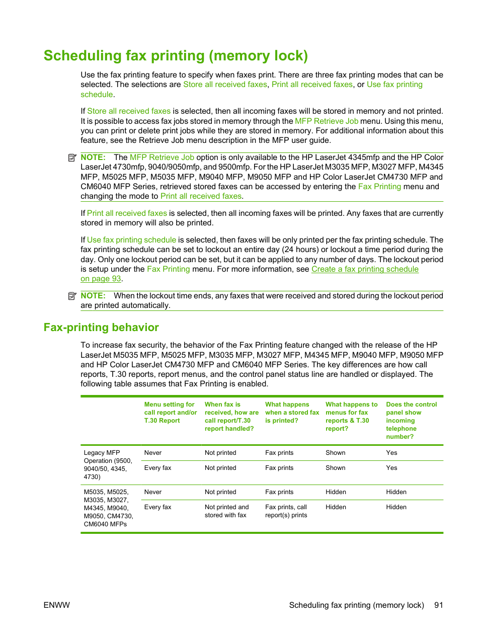 Scheduling fax printing (memory lock), Fax-printing behavior | HP LASERJET 300 User Manual | Page 99 / 148