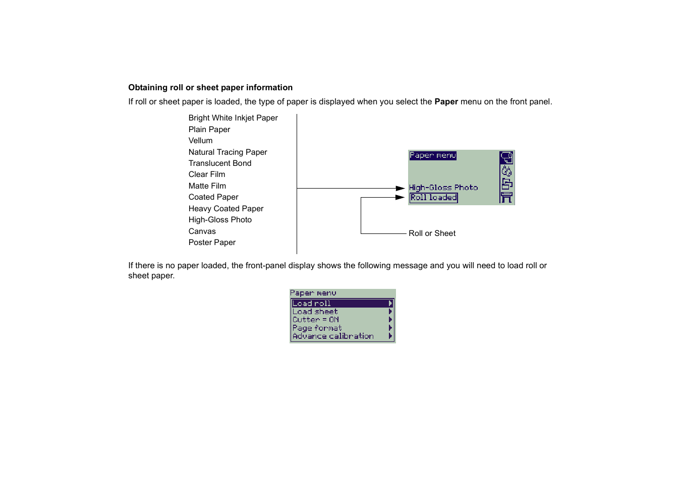 Obtaining roll or sheet, Paper information, Obtaining roll or sheet paper information | HP 510 User Manual | Page 28 / 219