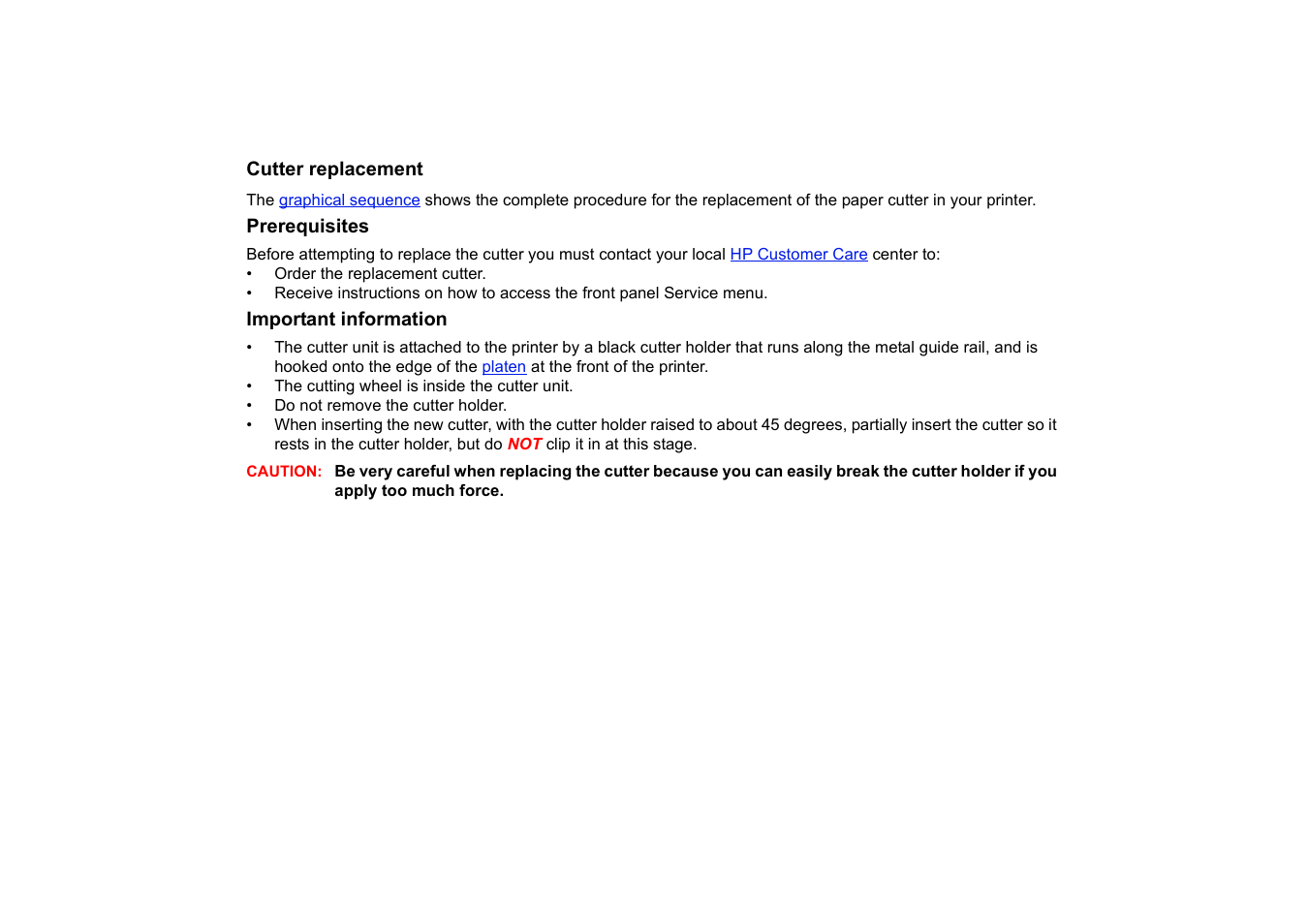 Cutter replacement, Prerequisites, Important information | HP 510 User Manual | Page 40 / 219