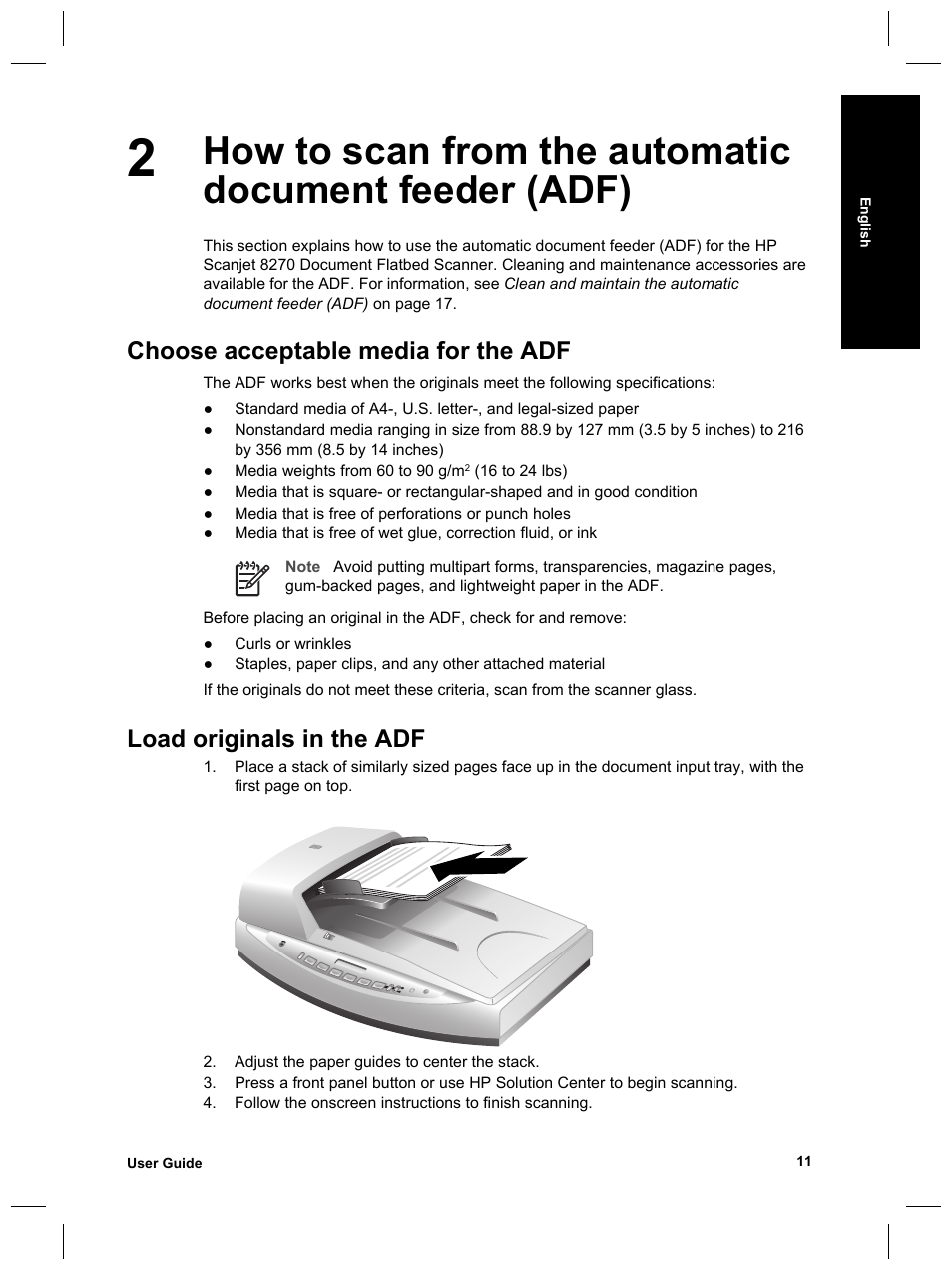 Choose acceptable media for the adf, Load originals in the adf | HP 8270 User Manual | Page 13 / 332