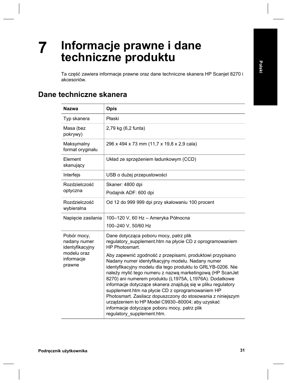 Informacje prawne i dane techniczne produktu, Dane techniczne skanera | HP 8270 User Manual | Page 161 / 332