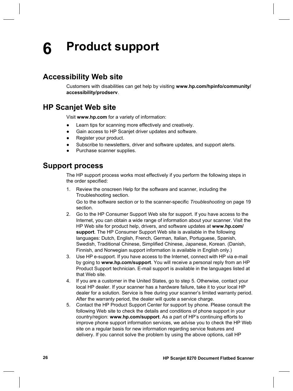 Product support, Accessibility web site, Hp scanjet web site | Support process | HP 8270 User Manual | Page 28 / 332