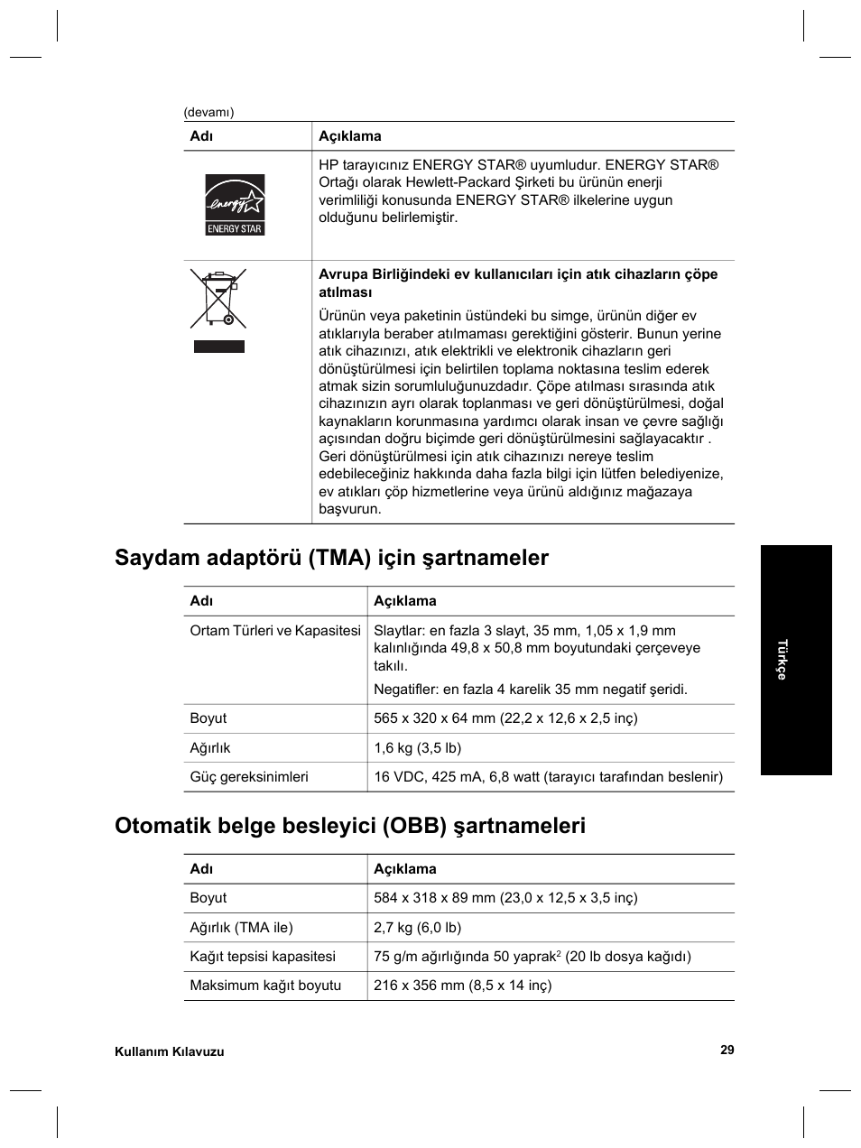 Saydam adaptörü (tma) için şartnameler, Otomatik belge besleyici (obb) şartnameleri | HP 8270 User Manual | Page 95 / 332