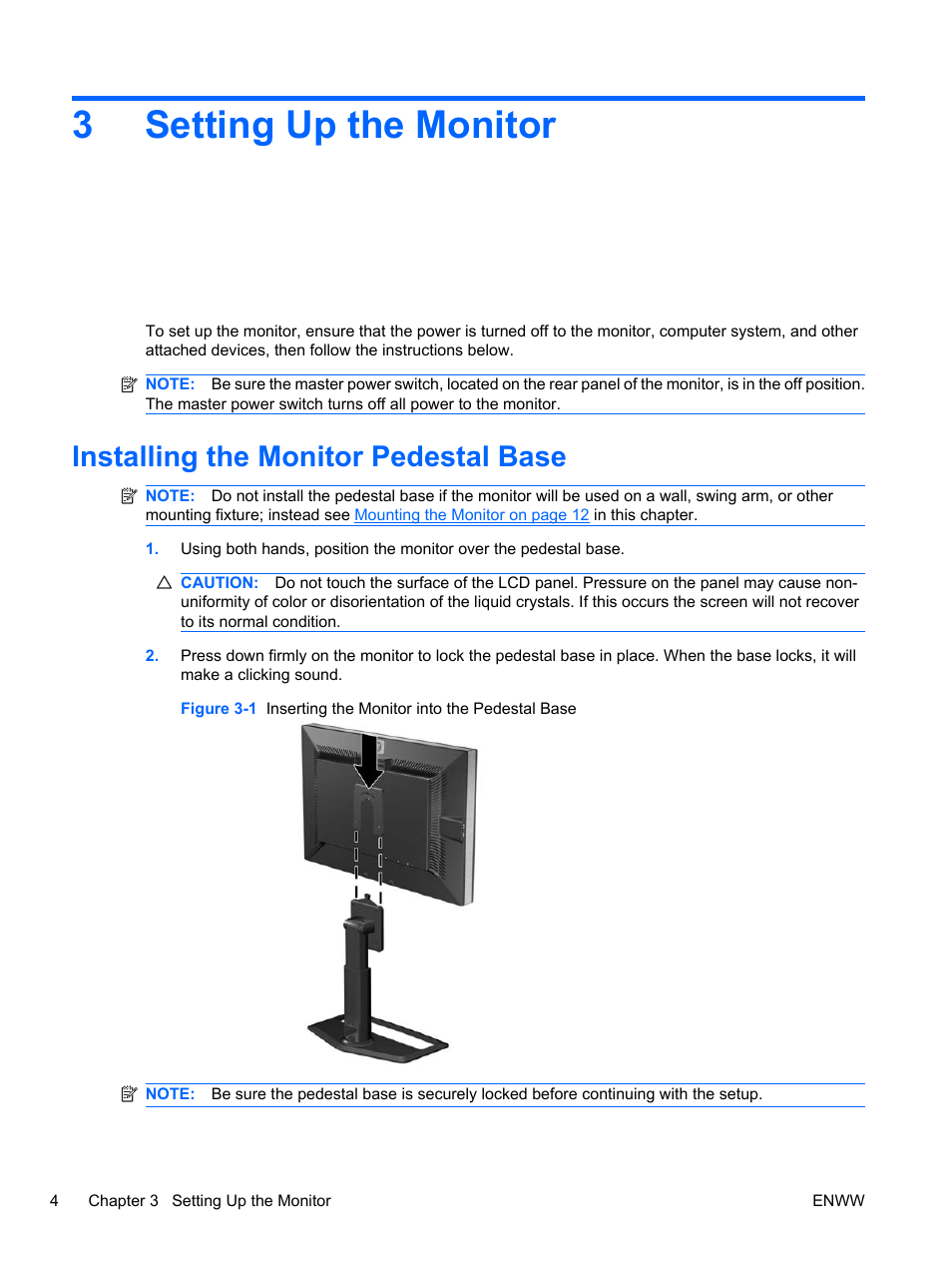 Setting up the monitor, Installing the monitor pedestal base, 3 setting up the monitor | 3setting up the monitor | HP ZR30w User Manual | Page 10 / 34