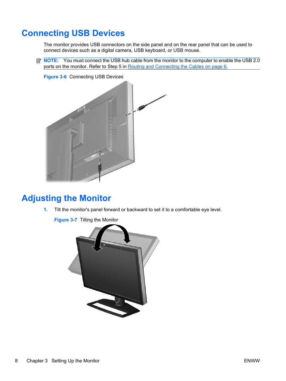 Connecting usb devices, Adjusting the monitor, Connecting usb devices adjusting the monitor | HP ZR30w User Manual | Page 14 / 34
