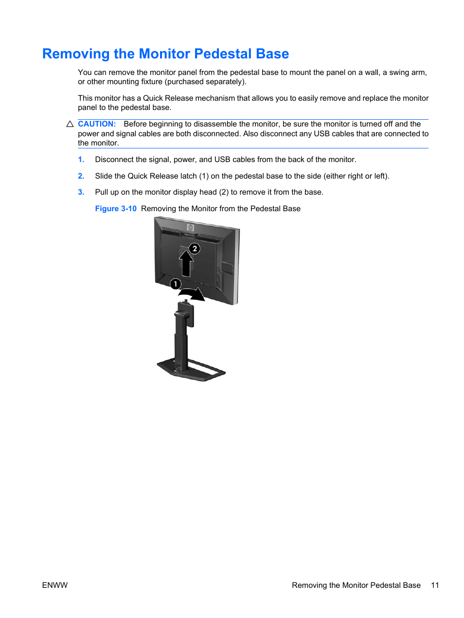 Removing the monitor pedestal base | HP ZR30w User Manual | Page 17 / 34