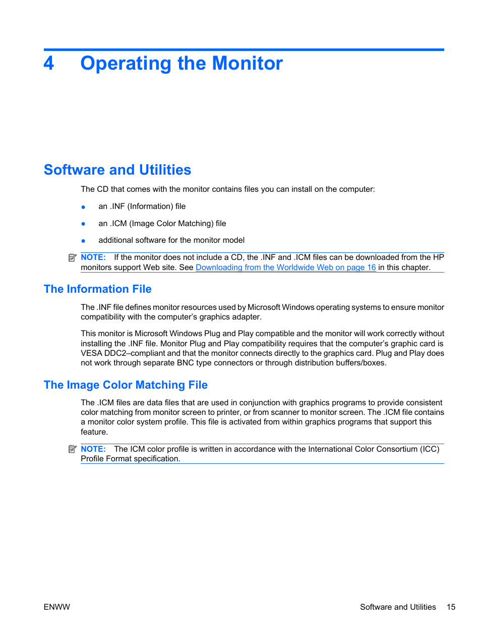 Operating the monitor, Software and utilities, The information file | The image color matching file, 4 operating the monitor, The information file the image color matching file, 4operating the monitor | HP ZR30w User Manual | Page 21 / 34