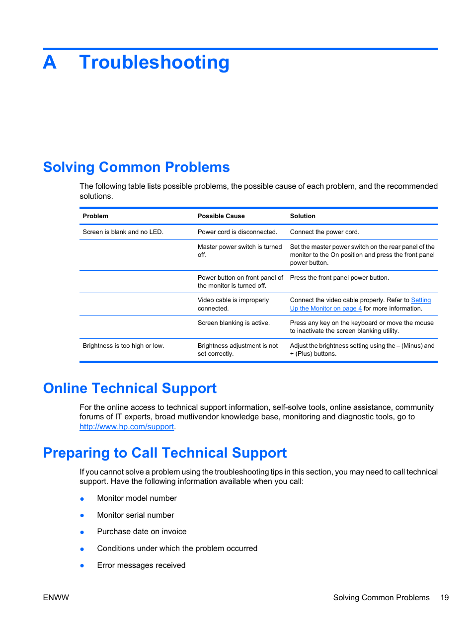 Troubleshooting, Solving common problems, Online technical support | Preparing to call technical support, Appendix a troubleshooting, Atroubleshooting | HP ZR30w User Manual | Page 25 / 34