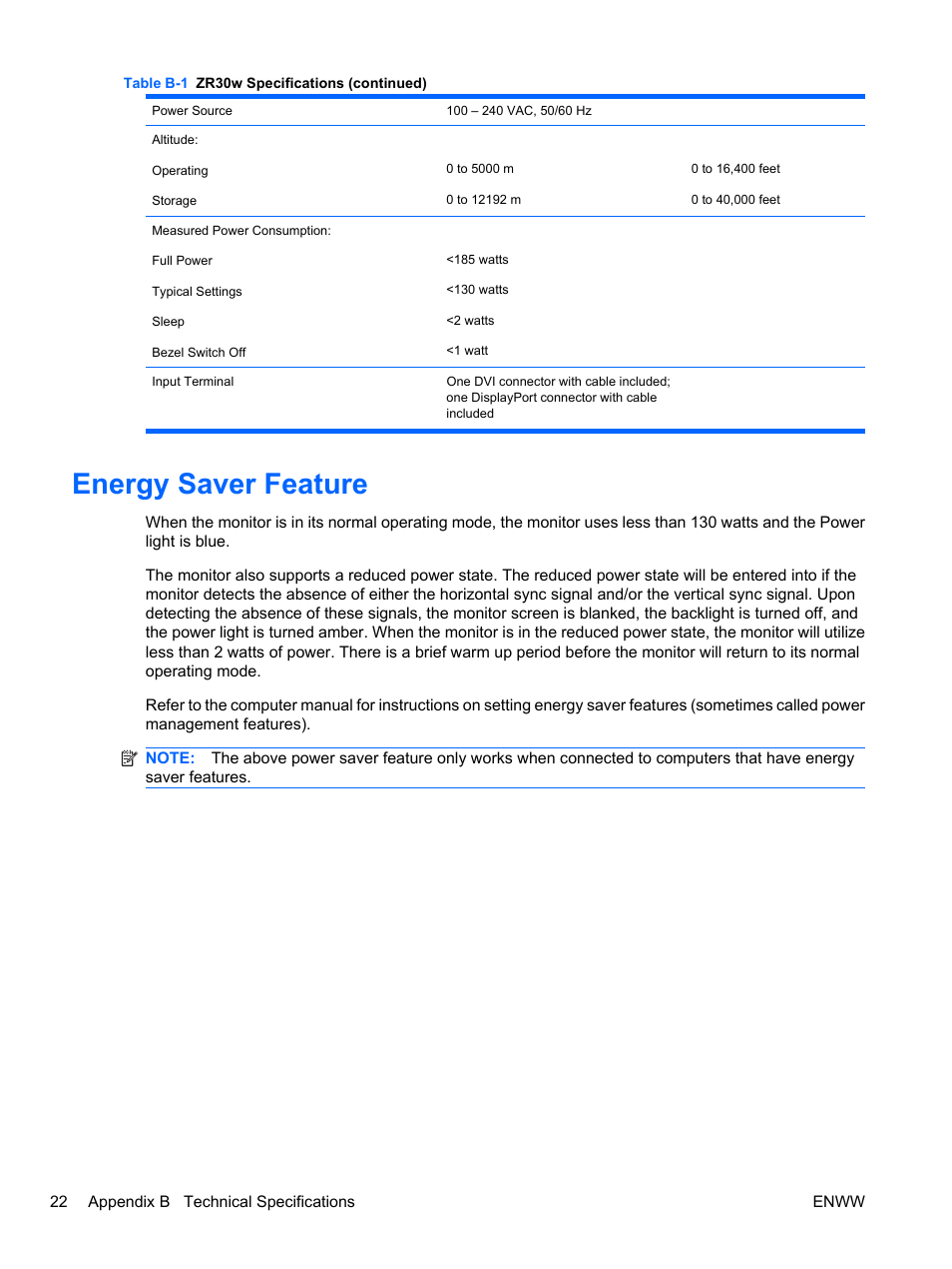 Energy saver feature | HP ZR30w User Manual | Page 28 / 34