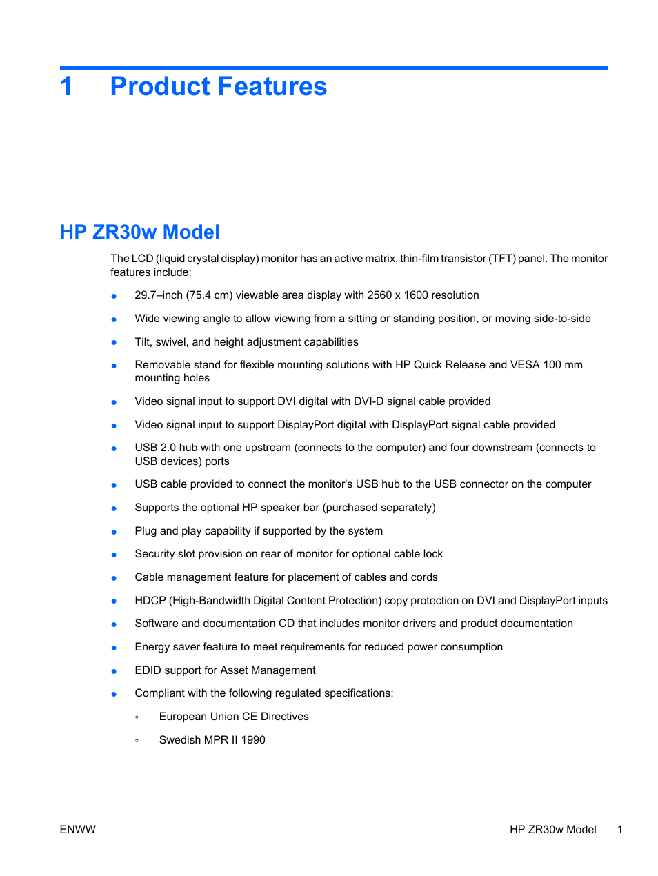 Product features, Hp zr30w model, 1 product features | 1product features | HP ZR30w User Manual | Page 7 / 34